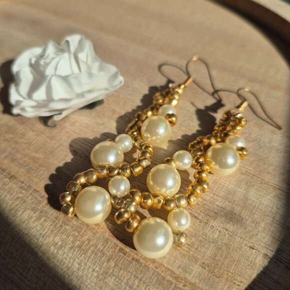handmade long gold faux pearl earrings - Picture 3 of 3